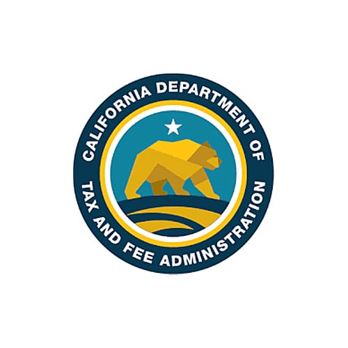 Seal of the California Department of Tax and Fee Administration, featuring a bear, a star, and stylized lines, with text around the edge.