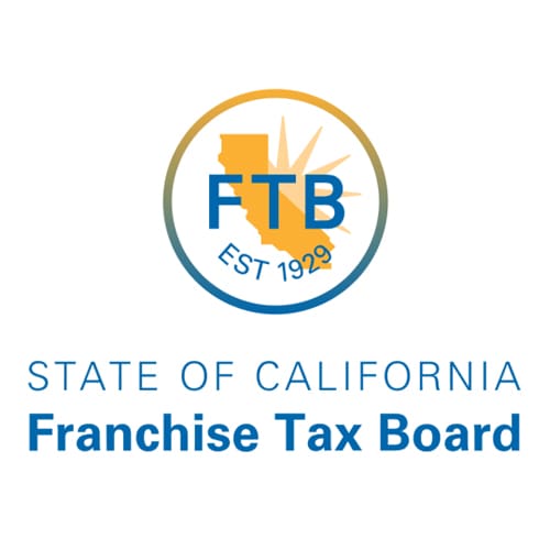 Logo of the State of California Franchise Tax Board, showing Californias outline, a sunburst, FTB EST 1929, and the organization’s name below.