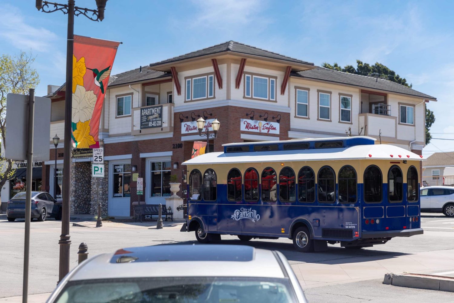 Historic building and trolley in Camarillo California downtown area.