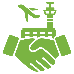 Handshake over a factory with an airplane and factory icon in green.